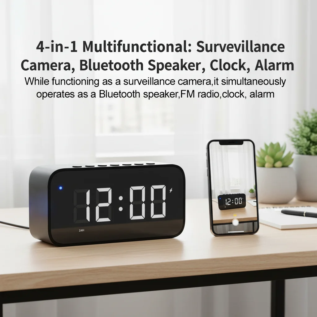Digital Clock Camera 4-in-1: Clock, Alarm, Speaker & Camera | 4K UHD 20fps | WiFi6 Remote View | Local Storage
