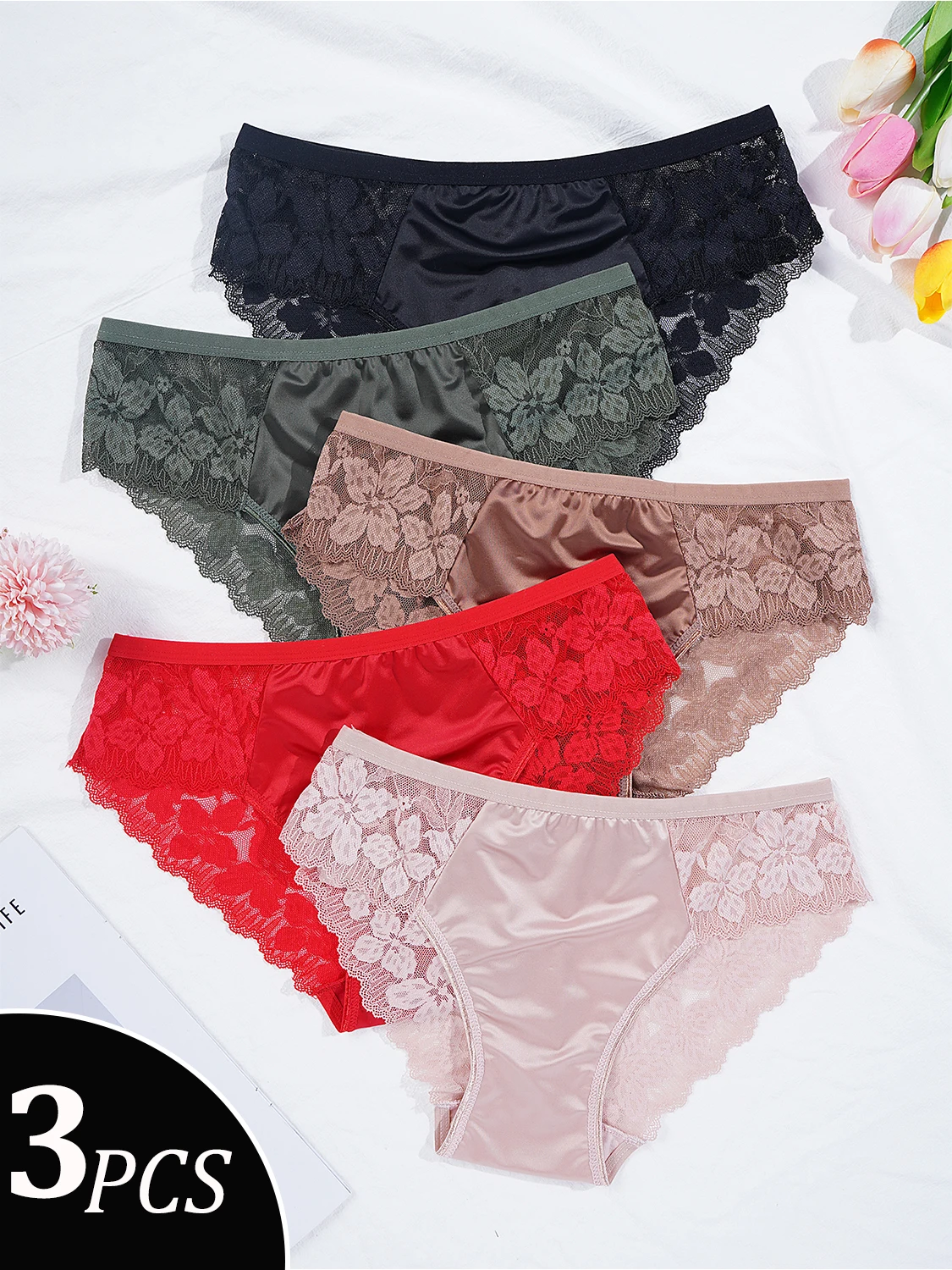 3PCS Women's Underpants Solid Color Glossy Fabric Briefs Sexy Semi-transparent Lace Floral Splicing Panties Lingerie