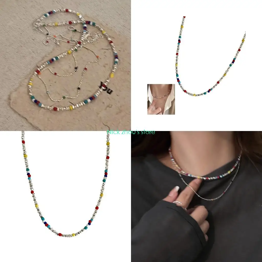 E15E Layer Multicolor Beaded Chokers Necklace With Silver Accent for Dopamine Dressing and Everyday Stylish Accessories