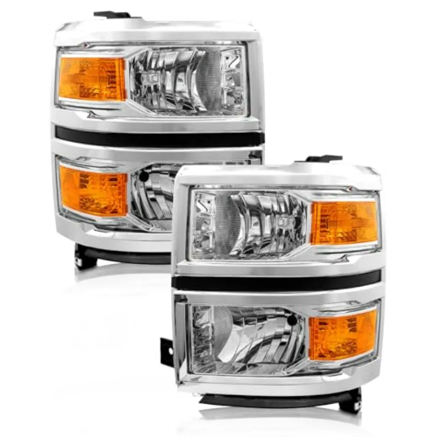 

Helight Assembly Compatible with Chevy 2014 2015 Silverado 1500 Halogen Factory OE Style Headlamp Amber Chrome Housing with Ref