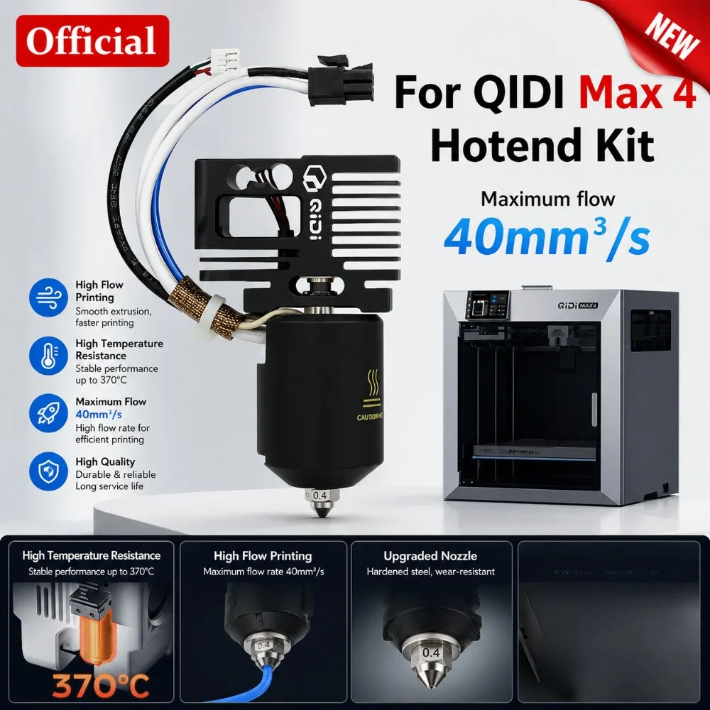 QIDI MAX4 Upgrade Bimetallic Hot End Kit, 370 Degrees High Flow Extruder Complete Print Head Accessory