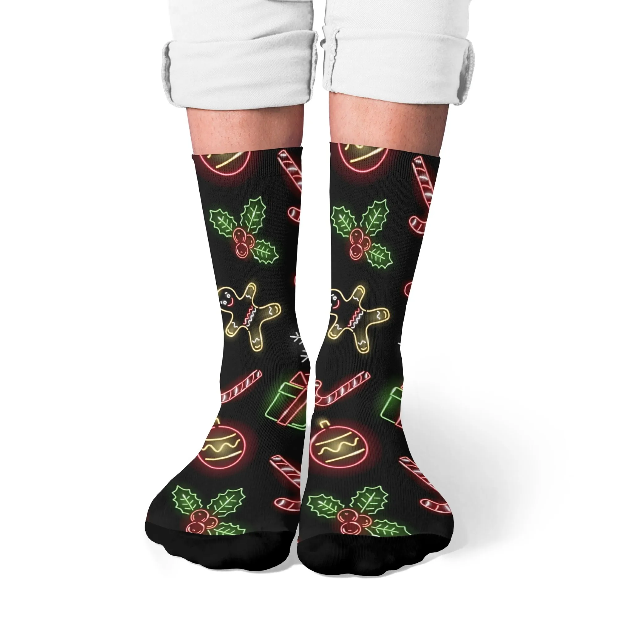 Chaussettes d'équipage imprimées à motif de noël néon, antidérapantes, respirantes, douces, confortables, parfaites pour fête, cadeau fou, Sports de plein air