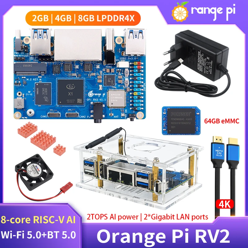 Orange Pi RV2 2 ГБ 4 ГБ 8 ГБ ОЗУ LPDDR4 8-ядерный процессор RISC-V 2TOPS AI Одноплатный компьютер WiFi BT5.0 BLE M2 PCIE SSD Мини-ПК