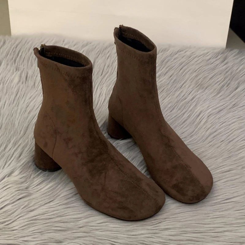 Suede Women Ankle Boots Elegant Chunky High Heels Shoes Fashion Retro Designer Shoes Woman Winter Boots 2025 Trend Mujer Zapatos