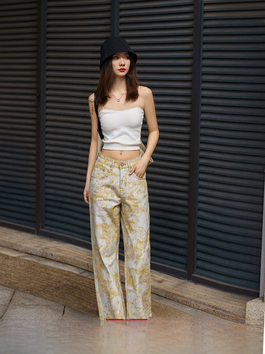 

Женские джинсы с высокой талией и прямыми штанинами, модные, с принтом, в стиле ретро, длинные брюки, новинка 2025 года, для повседневной носки, комфортные, облегающие.