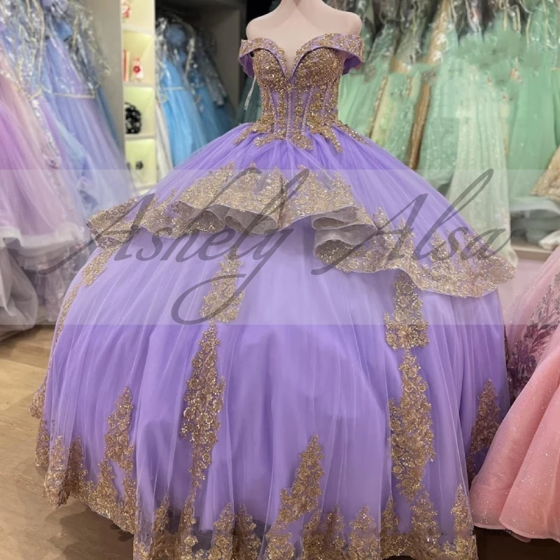 Real Picture Lavender Women Prom Party Dresses Off Shoulder Gold Applique Puffy Skirt Floor Length Sweet 15 16 Quinceanera Dress