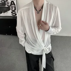 Mens Shirts Chinese Style Organza Tie Chiffon White Long Sleeve Tops Niche Cardigan Design Trendy Chic Casual Tops Unisex 2024