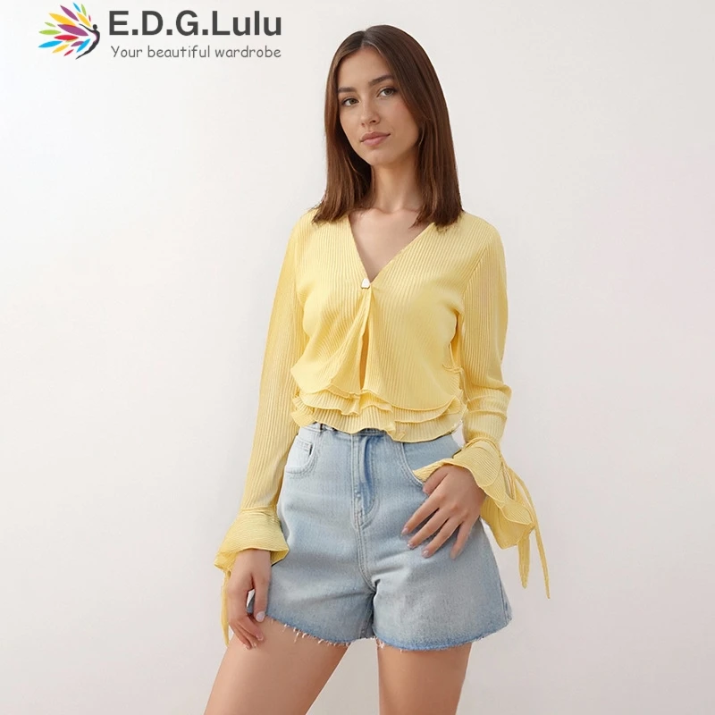 

EDGLuLu 2025 Autumn New Fashion V-Neck Yellow Knitted Sweater Design Flare Sleeve Layered Ruffle Knitted Cardigan Top 0723