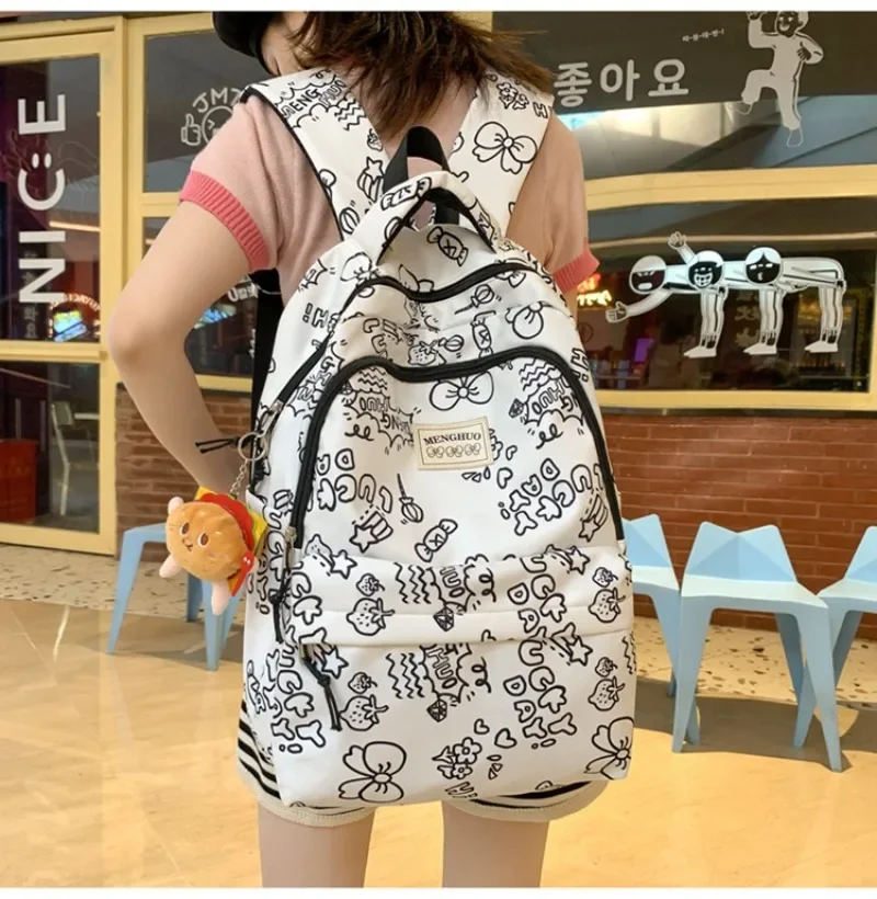 Korea Ins Cute Strawberry Cartoon Printed Backpack Large Capacity Lightweight Fashion Harajuku College Graffiti Student Bag Girl