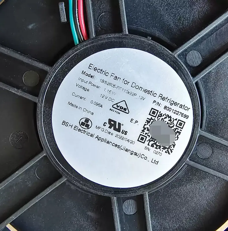 Original Cooling Fan for Refrigerator DC12V 0.096A 1.15W 8001227699 1BS2605-PF 110x22P