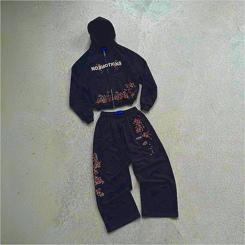 

2 Pcs Suit Y2K Retro Blossom Bash Zipper Hoodie Sweatpants Embroidery Cherry Blossoms Trendy Hip Hop Streetwear Unisex Baggy Set
