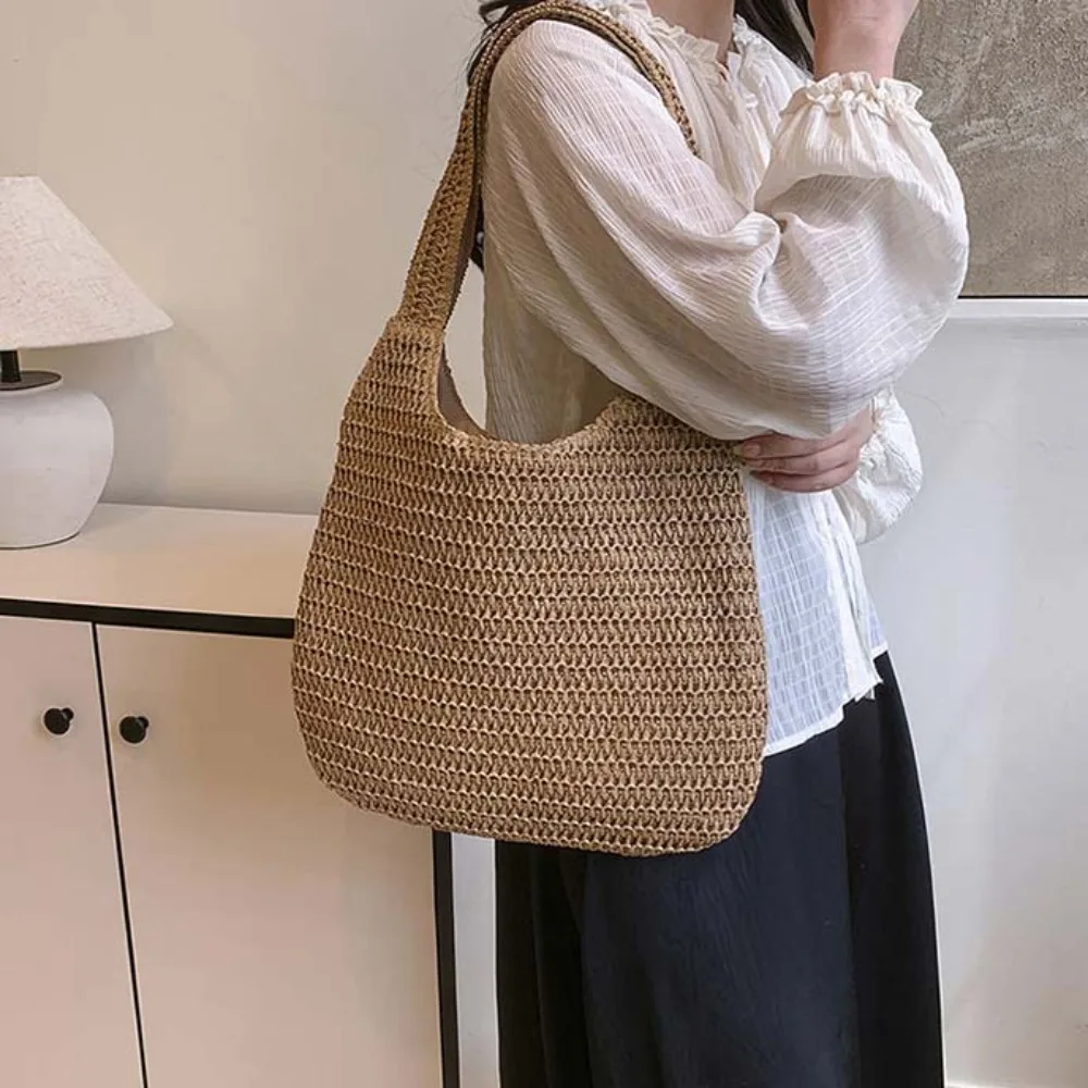 

Sweet with Ribbon Woven Tote Bag Breathable Hollow Out Shopping Straw Bag Lightweight Polyester Summer Beach Handbag Daily