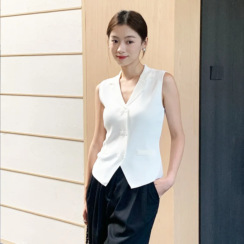 Old Money Style Double Breasted V-neck Women Knitted Waistcoat 2024 Summer Office Lady HIgh Street Vest Good Quality