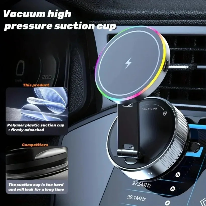 Supporto per ventosa per vuoto di raffreddamento Supporto per telefono per caricabatterie wireless per auto magnetico potente RGB per iPhone 16 15 14 13 12 Ricarica rapida