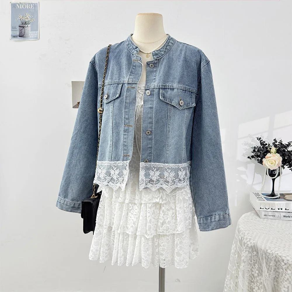 

New Lace Trim Design Womens Denim Jacket Loose Fit Long Sleeve Top Spring Summer Single Button Denim Coat Womens Clothing Casual