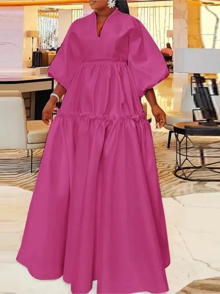 

Solid Color V-neck Casual Street Style Loose Large Size Folding Dress 2026 Summer New Women's Fashion Elegant Long Dress Female