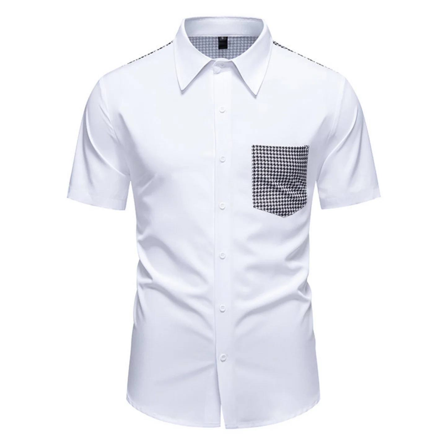 

Men's Short Sleeve Shirt, Houndstooth Color Block, Breathable & Smooth, Casual Button Down Top, White/Black, S-2XL
