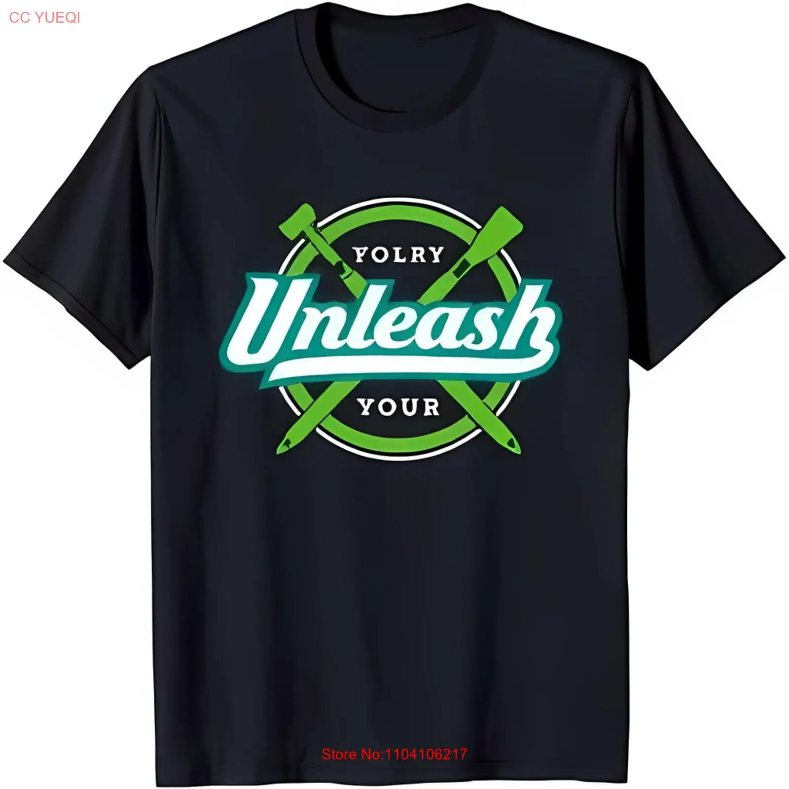 

Жирная черная футболка с зелеными перекрещенными барабанными палочками и рисунком Unle