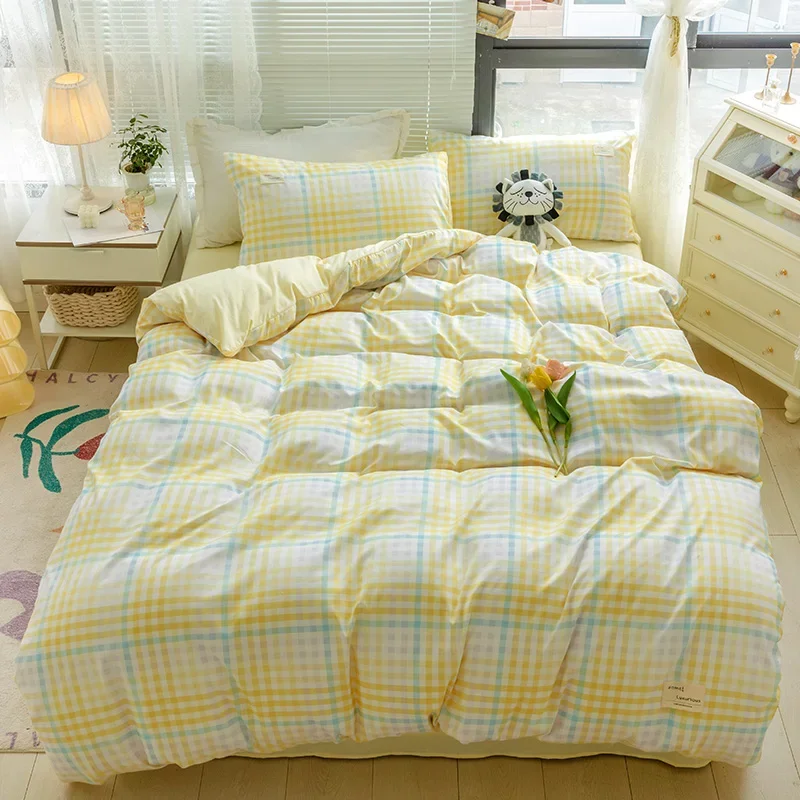 Light Yellow Plaid Striped Duvet Cover 4 Piece Set, Boys Girls Bedroom Geometric Pattern Bedding with 1 Bed Sheet 2 Pillowcases