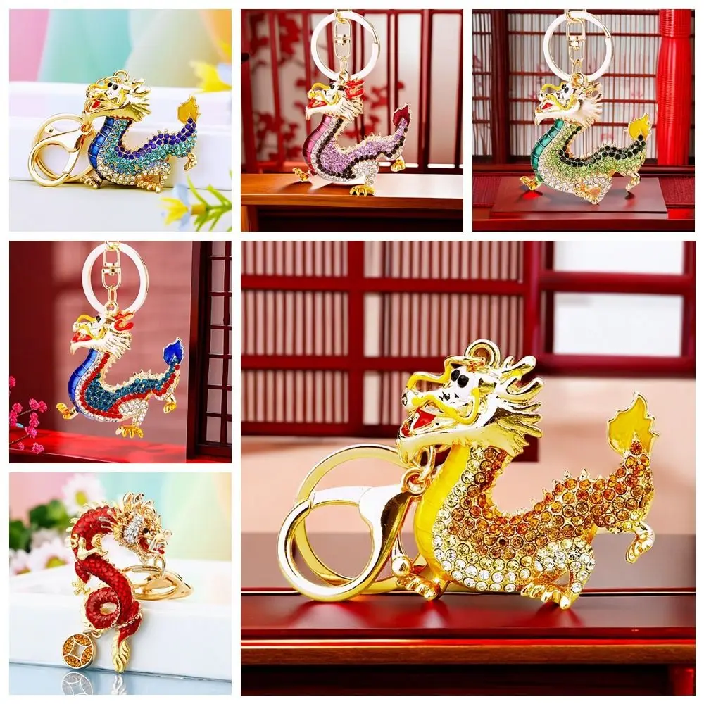 Metal Rhinestones Dragon Keychain Chinese Zodiac Dragon Animal Inlay Lucky Chinese Keyring 3D Cartoon Chinese Dragon Keychain