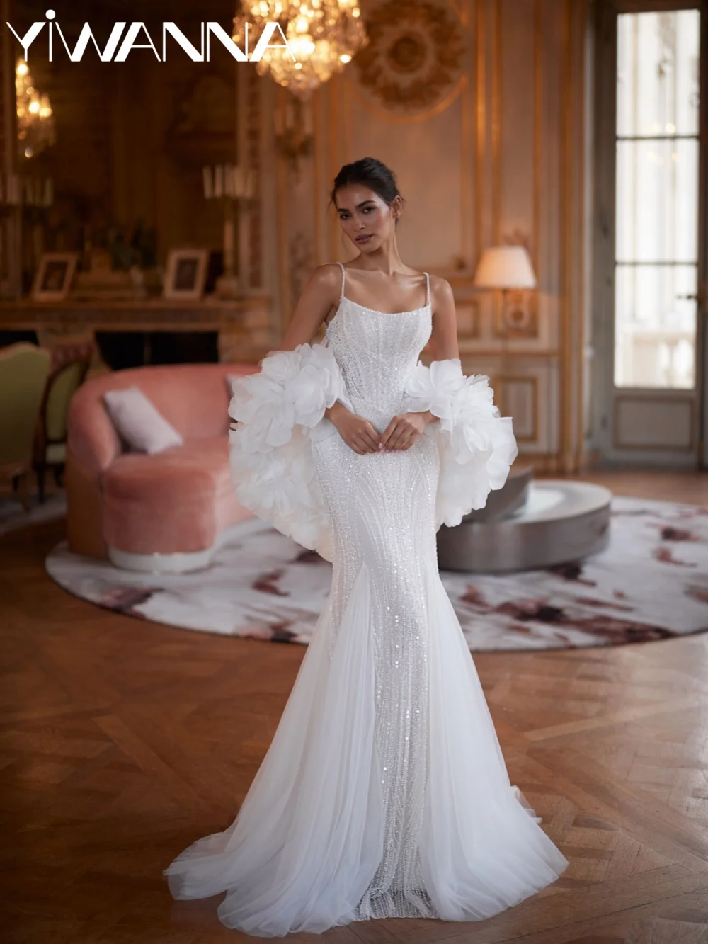 

3D Floral Shawl Luxury Beaded Wedding Dress Thin Straps Mermaid Long Bridal Gown New Customized Square Neck Dresses For Bride