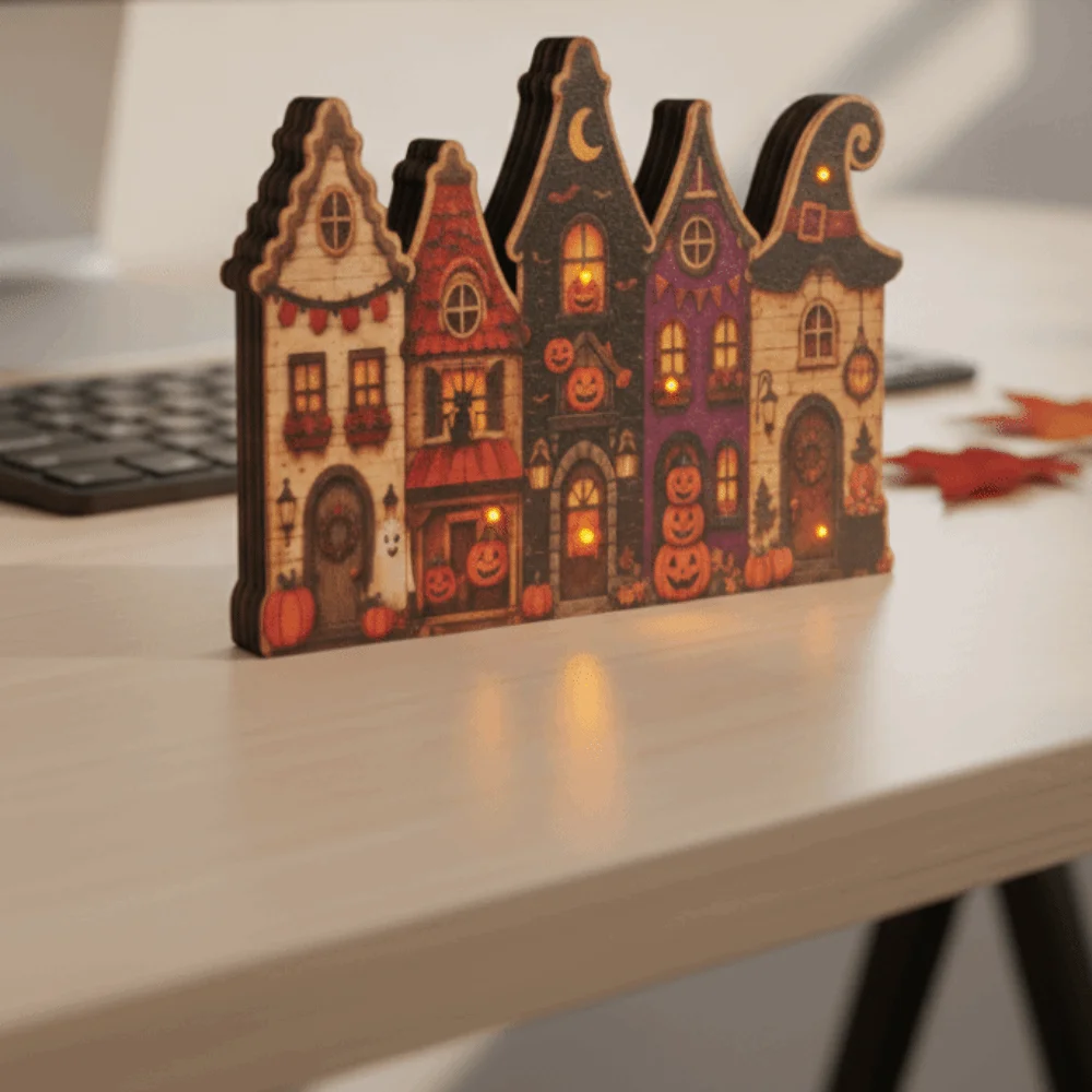 Wooden Wooden Haunted House Vintage Finish Flat Base Halloween Village Decor Eco-friendly Multi-layer Rustic Autumn Ornament