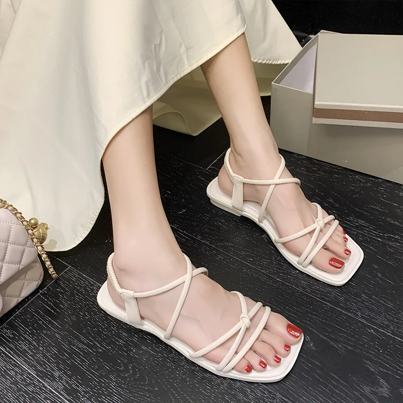 2024 Sandals All-Match Spring Shoes Square Toe Summer Heels Suit Female Beige Ankle Strap New Girls Low Flat Open Black Comfort