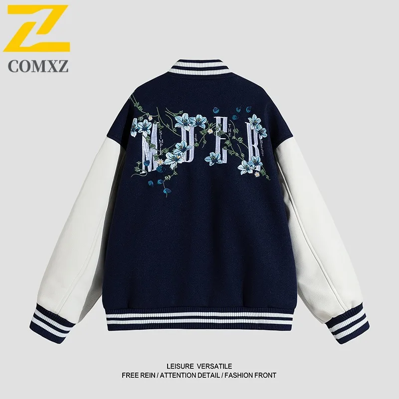 COMXZ Autumn Mens Baseball Jacket Casual Solid Color Printed Embroidery Windproof Coat Outdoor Streetwear Trendy Windbreaker