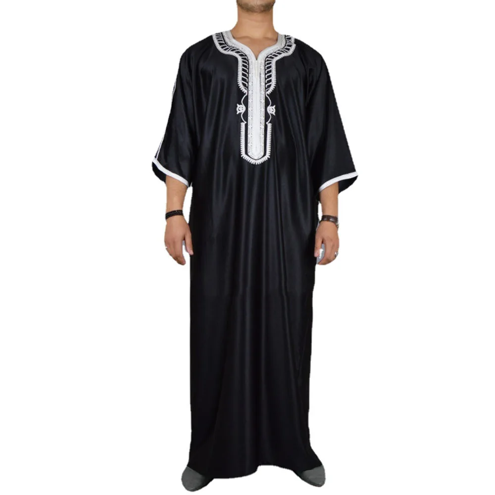 New in 2025! Men's Black Muslim Embroidered Robe, Casual Long Shirt Style, a Must-have for Youth