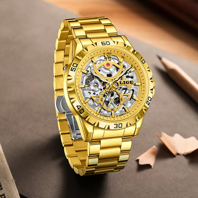 LIGE Men watches stainless steel Gold mechanical watches luminous waterproof wristwatch business Watch Men relogios masculino