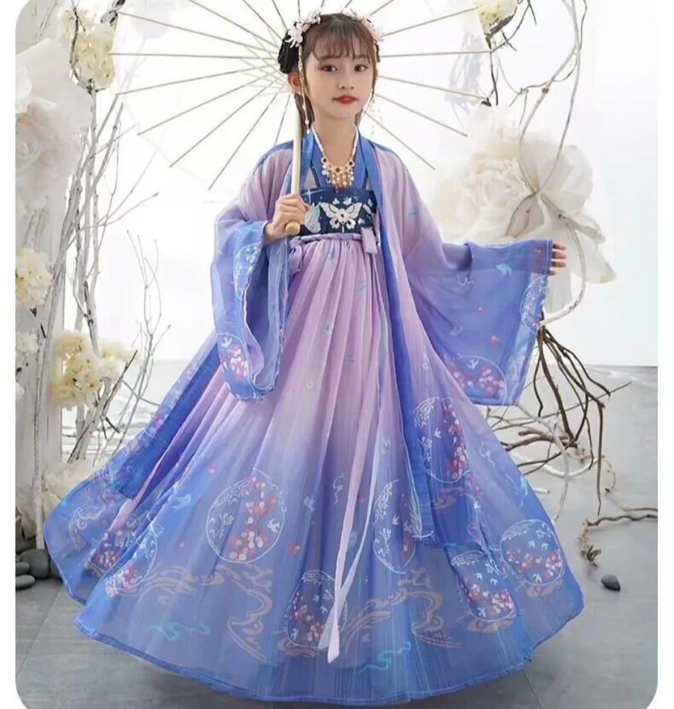 Girl's Chinese Hanfu Clothing Ancient Princess Dress Long Sleeve Cheongsam Tang Dynasty Costume Autumn Spring Kids Fairy Outfit