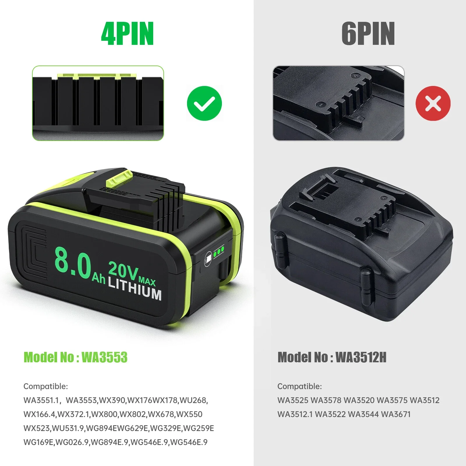 ل WORX WA3551 20 فولت بطارية 8.0Ah/6.0Ah ليثيوم قابلة للشحن WA3553 WA3553.1 WA3570 لجميع أدوات WORX الكهربائية والحديقة #3