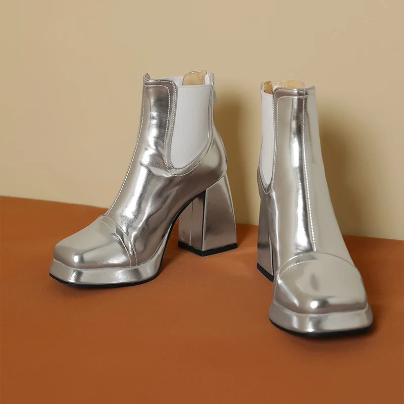 Plus Size Gold Glossy Patchwork Women's Chelsea Boots With Square Toe Extra High Thick Heels Metallic Silver Back Zipper Boots