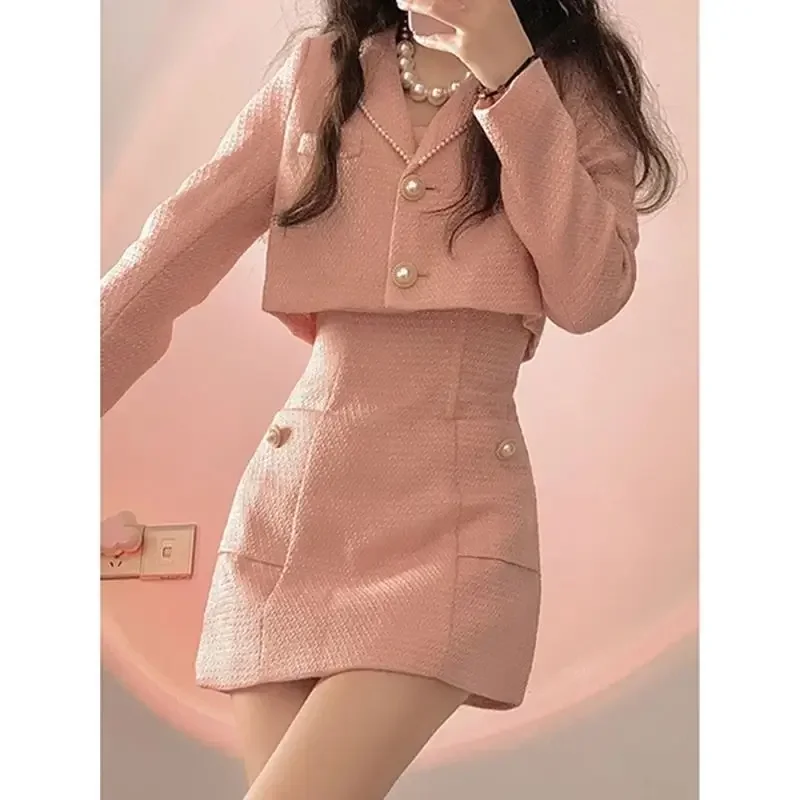 

Autumn Pink Elegant Two Piece Set Women Korean Style Balzer Coat+Strap Mini Dress Set Female Solid Casual Slim Designer Set 2025