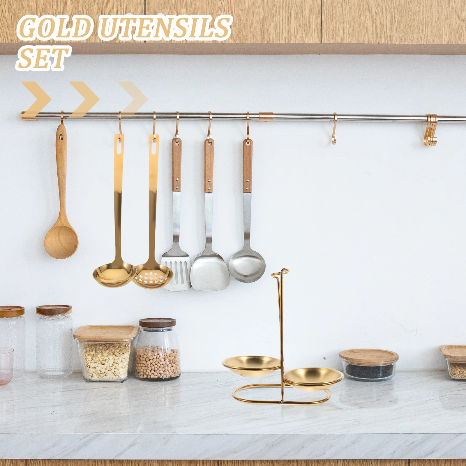 

1 set Stainless Soup Spoon Set 7cm Square Tail Strainer Spoon Serving Kitchen Spoons Set Tool Holder Metal Utensils