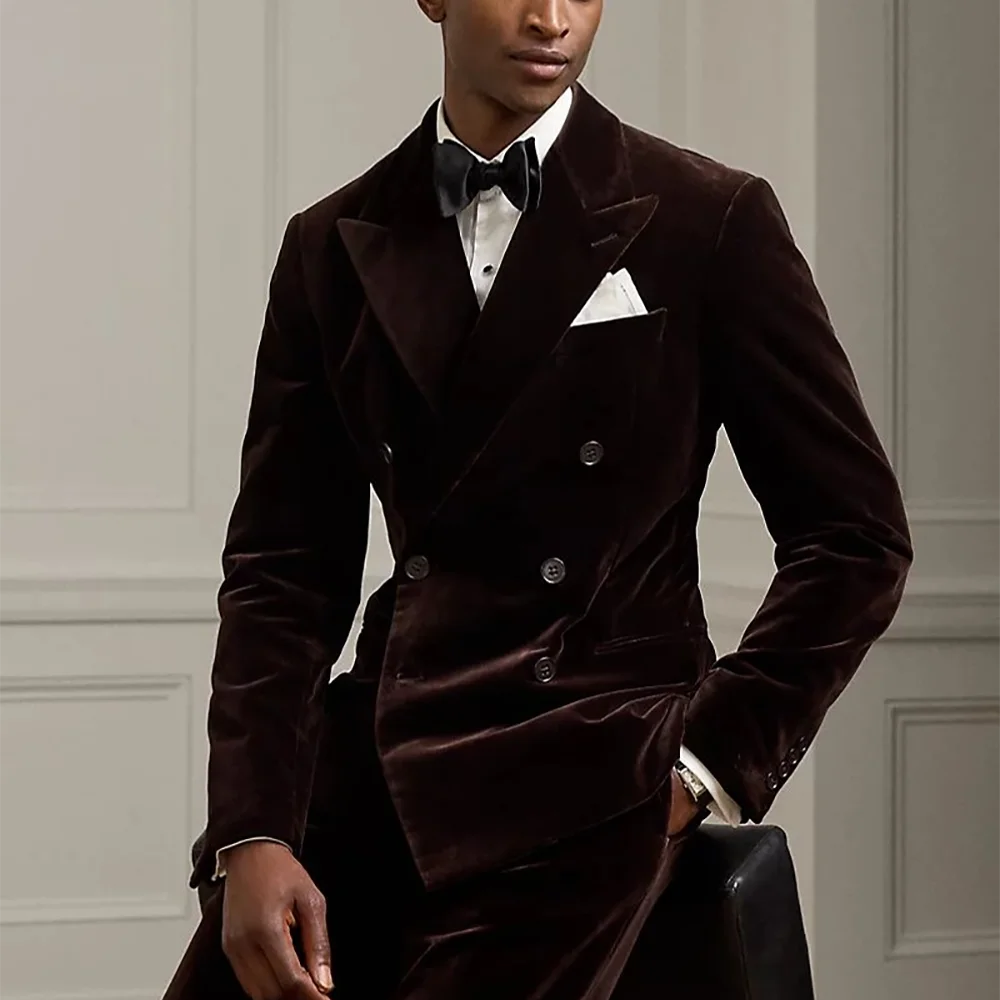 

Solid Color Velvet Men Suit Unique Double Breasted High Quality Blazer Set Formal Outfit Peaked Lapel Wedding Suit Jacket Pants