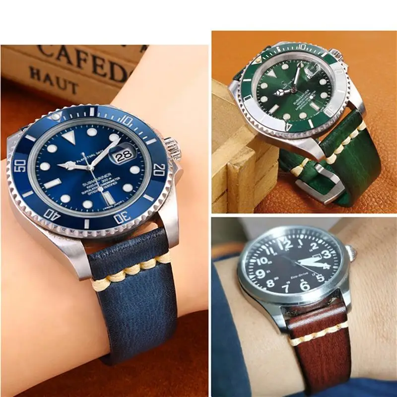 Handgemaakte lederen horlogeband 20mm 22mm24 voor Rolex Citizen Omega MIDO voor HUAWEI GT herenhorlogeband bruin blauw