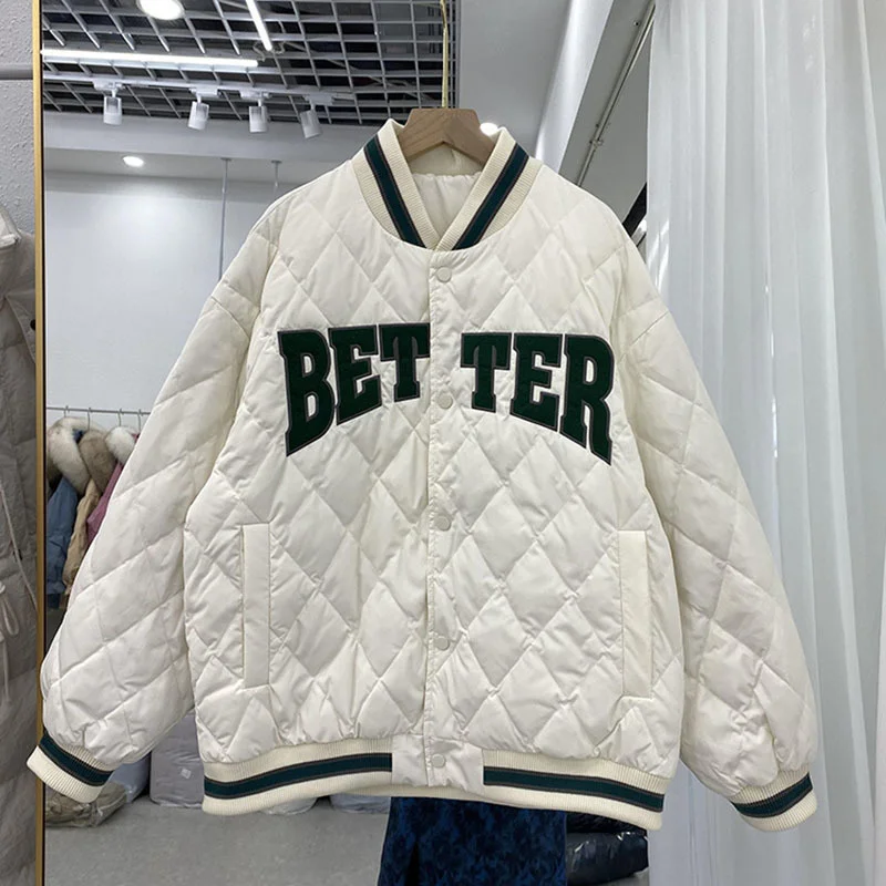 Chaqueta Bomber de béisbol con estampado verde para mujer, chaqueta de retales de gran tamaño, informal, color blanco, otoño e invierno, 2023