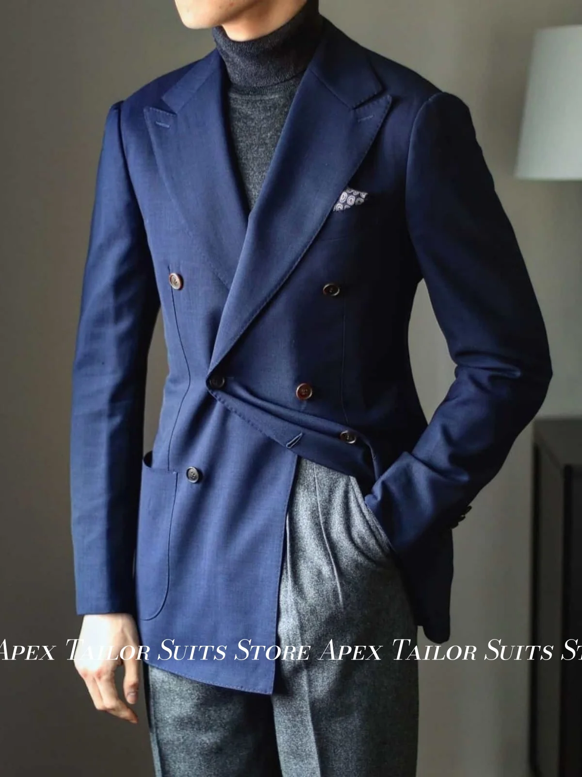 Elegant Men Blazer Vintage Double Breasted Jacket Navy Blue Peak Lapel Suit Coat Formal Business Wedding Interview Jacket