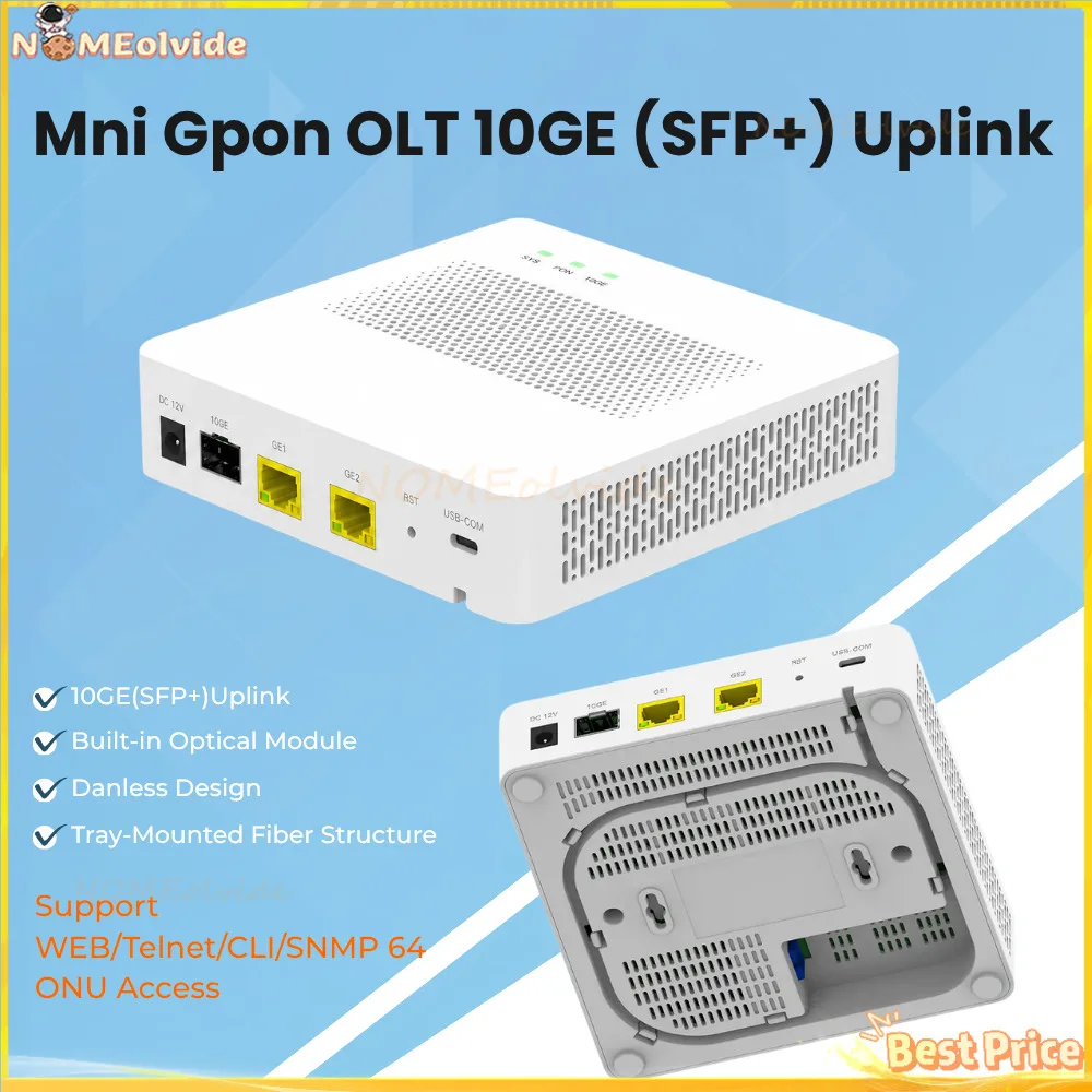 MINI GPON OLT 1Port 10GE(SFP+) Uplink 64Users Fanless 20KM Transmission Distance 12V IP UPC Management Telnet,CLI,WEB,SNMP
