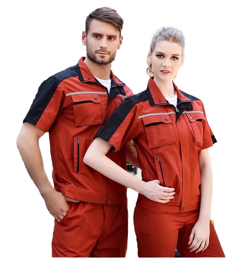 Men Women Summer Workwear Factory Workshop Uniforms Work Clothes Set Short-sleeve Coveralls Contrast Color Safety Reflective