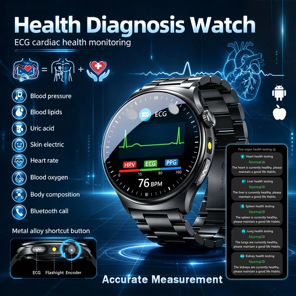 2026 Nuovo Smartwatch con Diagnosi AI, ECG+PPG, Misurazione Accurata di Acido Urico, Pressione Sanguigna, Grasso Corporeo, Analisi della Salute del Cuore, Fitness, Impermeabile