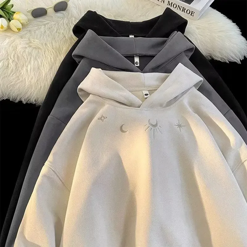 سويت شيرت بقلنسوة كبير الحجم للرجال مطرز ثقيل من جلد الغزال للخريف والشتاء بتصميم أمريكي عتيق ملابس خارجية عصرية ملابس خروج غير رسمية #4