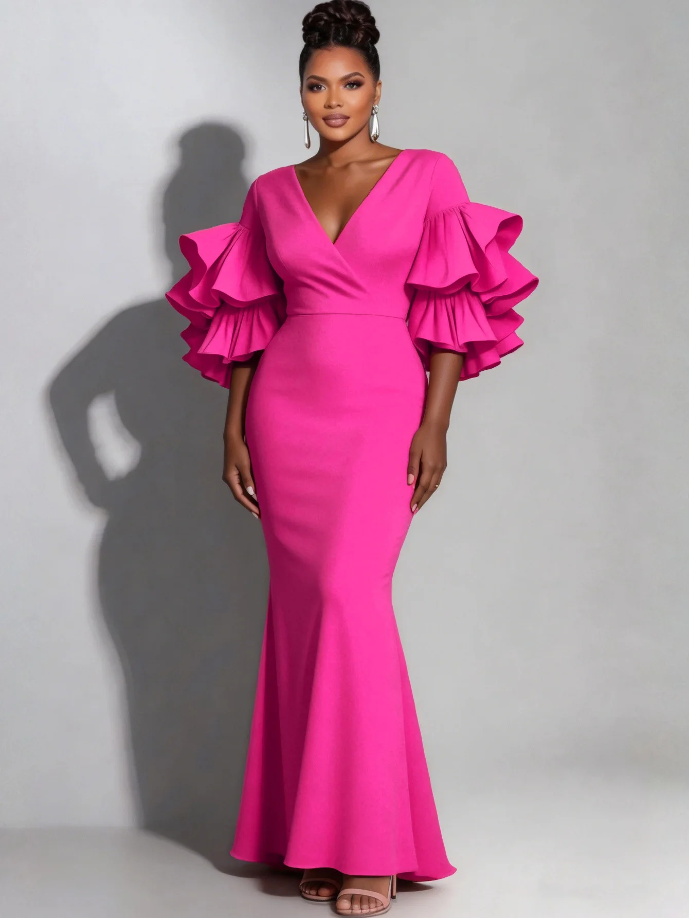 

Hot Pink Mermaid Prom Dress V Neck Ruffle Sleeve Bodycon Formal Evening Gown Plus Size Wedding Guest Dress