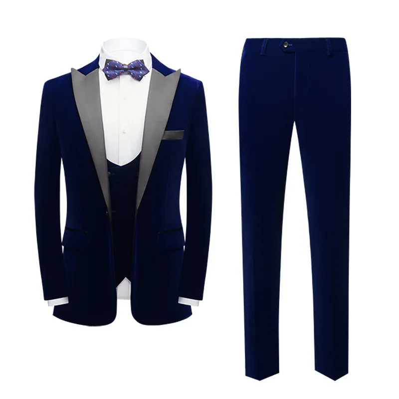 

KIDWHXR Suit Set Man New Contrast Color Blazer Doule-breasted Waistcoat Men Straight-leg Pant Male Velvet Three-piece Outfit