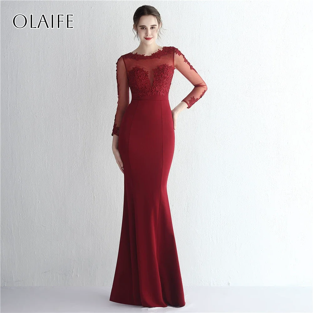 Appliques gaine manches longues Satin robes de soirée longueur de plancher personnalisé vestidos de fiesta élégantes