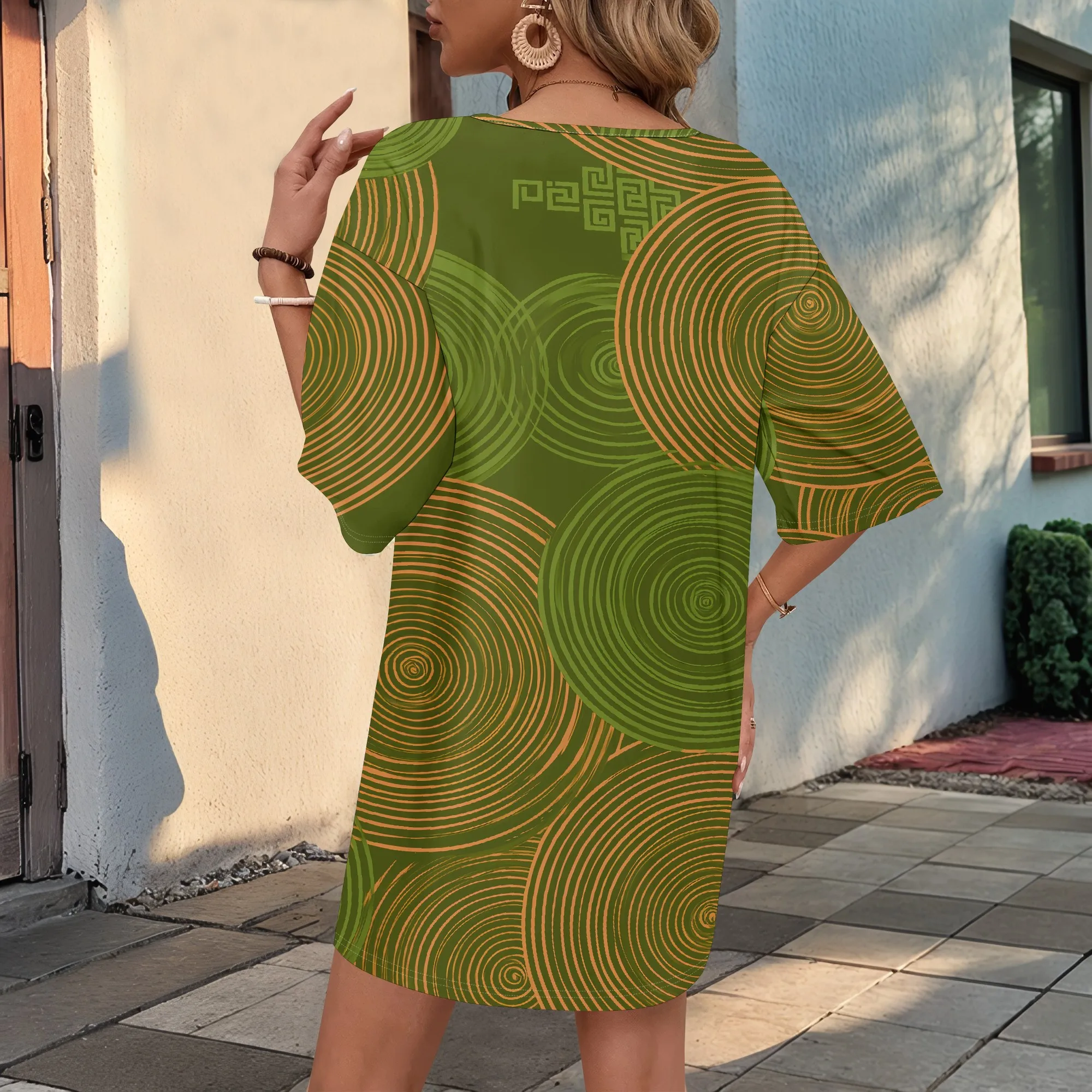 

Casual Tunic Dress Women's XS-3XL Green Abstract Print Loose Fit Summer Mini Dress Boho