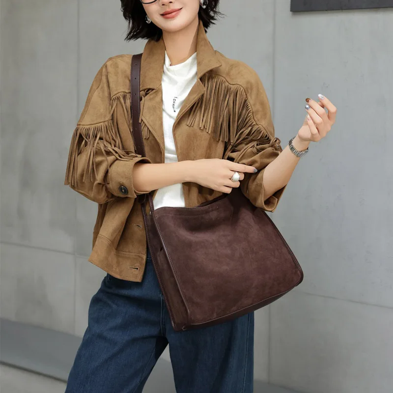 Multi-functional Soft Split Suede Leather Tote Bag Women Versatile Shoulder Bags Lady Large Capacity Practical Crossbody Bag