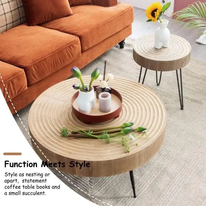 2-Piece Modern Farmhouse Living Room Coffee Table Set, Nesting Table Round Natural Finish with Handcrafted Wood Ring Motif