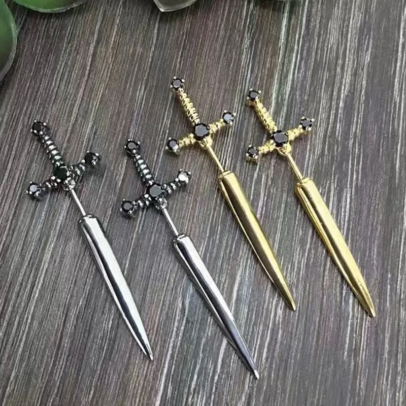 Gothic Kinitial Sword Earrings Vintage Punk Crystal Ear Jacket Goth Stud Earrings Jewelry Gift For Women Girls Ear Studs